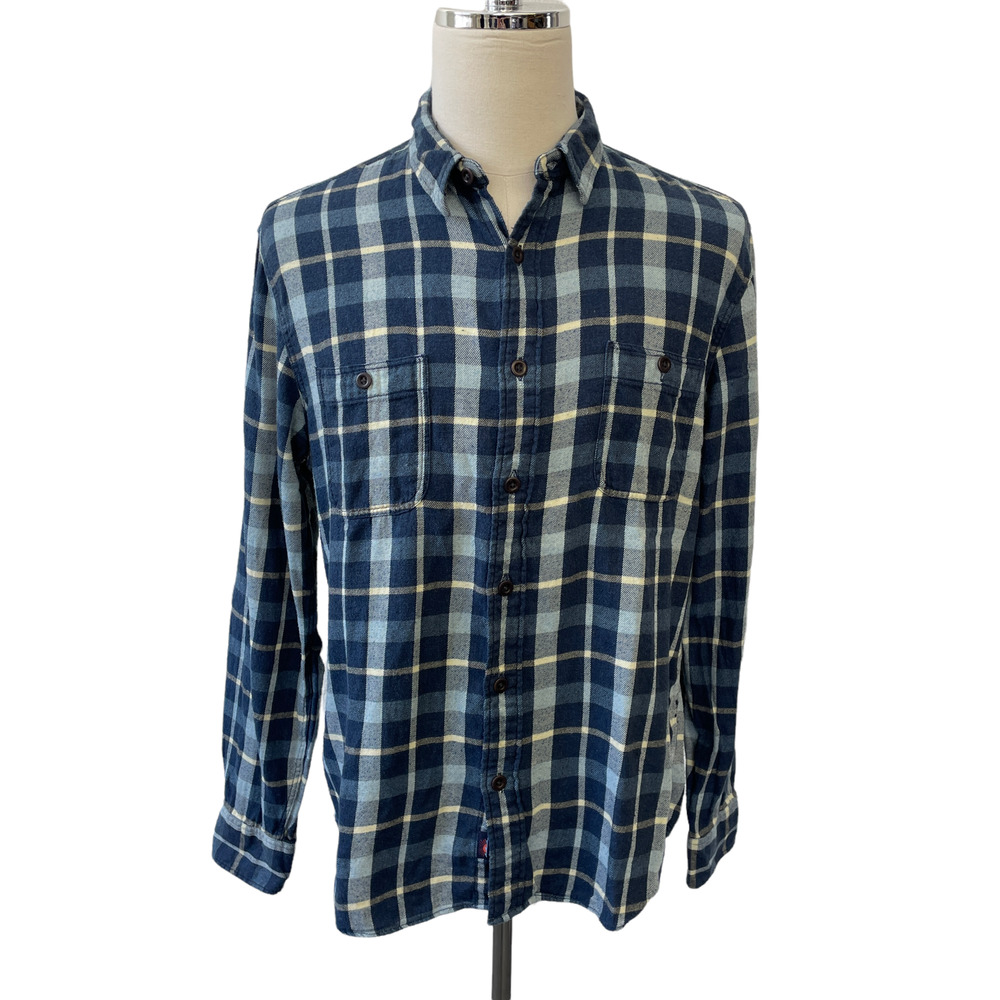 Faherty Men's Large Blue Yellow Plaid Button Front Flannel Long Sleeve Shirt